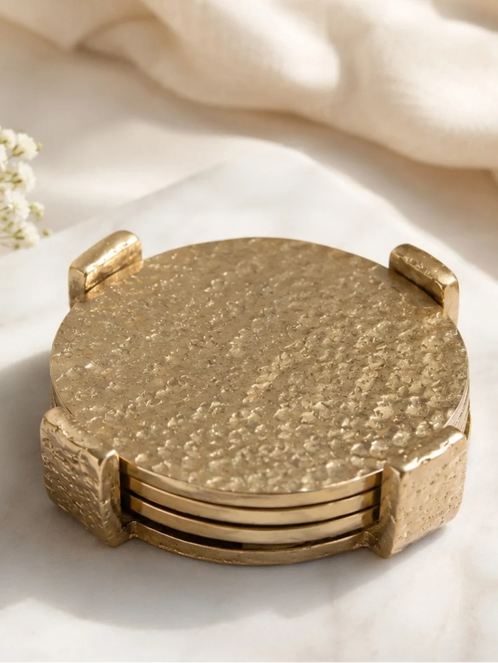 Gold Textured Hammered Metal Round Coaster Set of 4 on Standard India D 3.75
